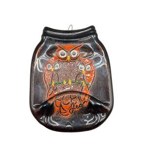 Vintage Handcrafted Glass Owl Wall Art Melted Jar Fused Glass Artist Signed